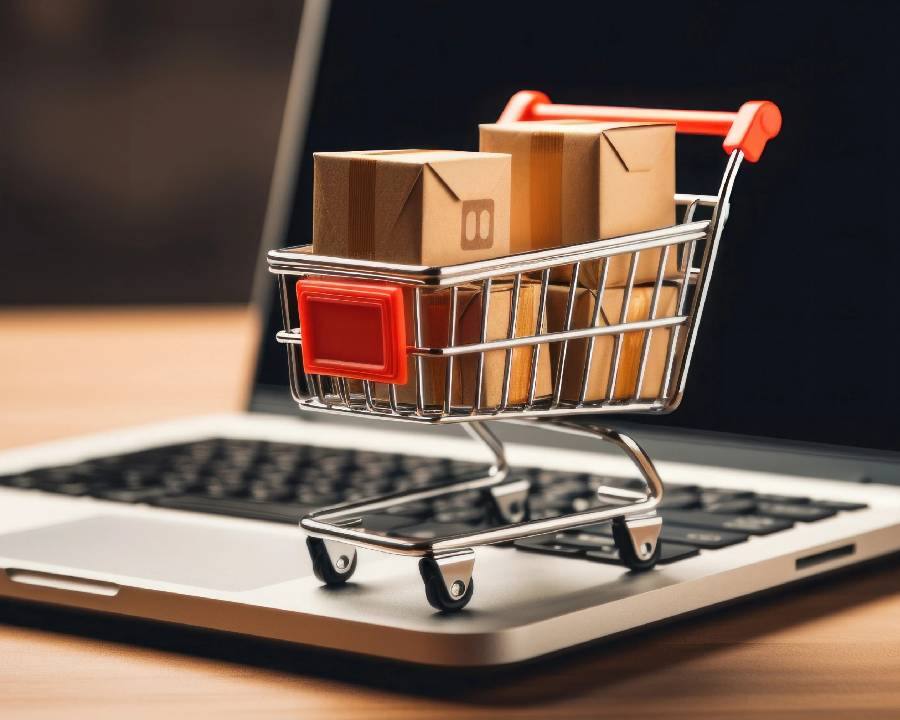 Online shopping on laptop with cart icon - Pexels